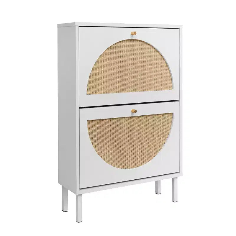 Scarpiera moderna con ante in rattan e base in metallo