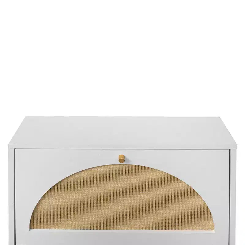 Scarpiera moderna con ante in rattan e base in metallo
