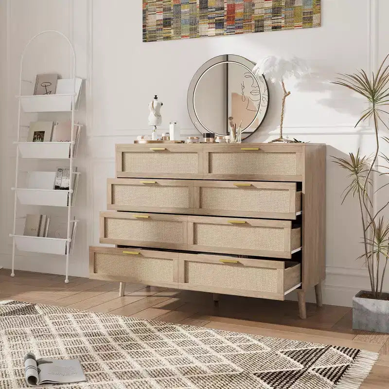 Cassettiera in rattan a 8 cassetti con 5 gambe in legno massello