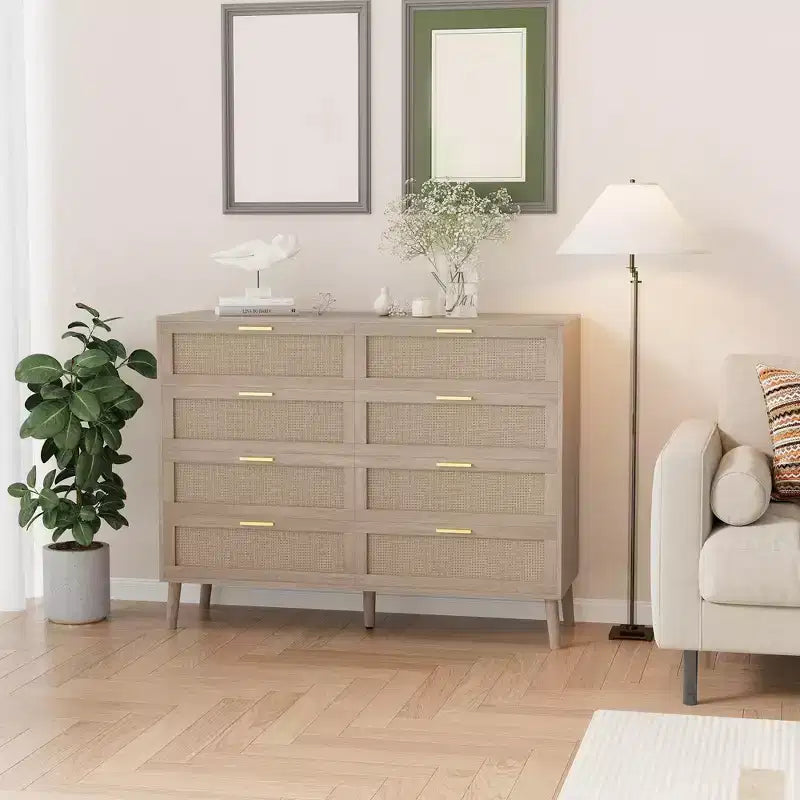 Cassettiera in rattan a 8 cassetti con 5 gambe in legno massello
