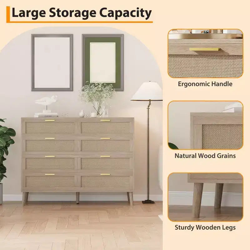Cassettiera in rattan a 8 cassetti con 5 gambe in legno massello