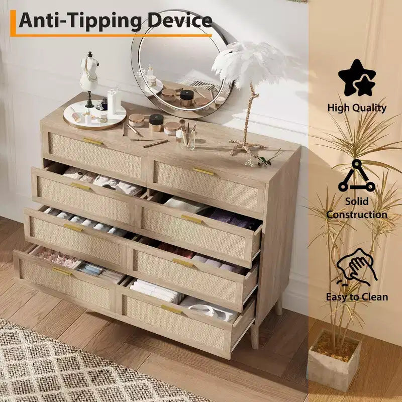 Cassettiera in rattan a 8 cassetti con 5 gambe in legno massello