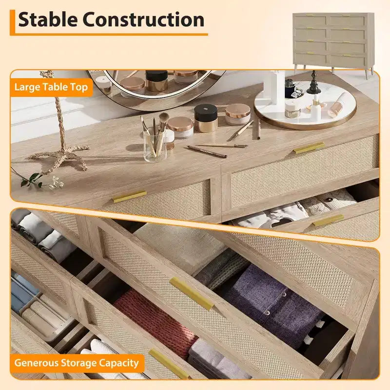 Cassettiera in rattan a 8 cassetti con 5 gambe in legno massello