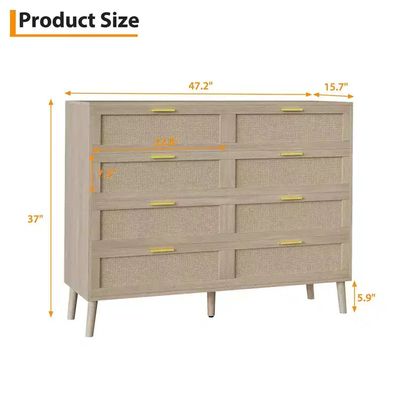 Cassettiera in rattan a 8 cassetti con 5 gambe in legno massello