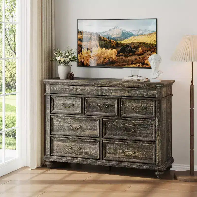 9 Drawers Dresser for Bedroom,Farmhouse Wood Chest of Drawers with Vintage Metal Handles,Jewelry Storage Dressers Organizer for Living Room,Hallway