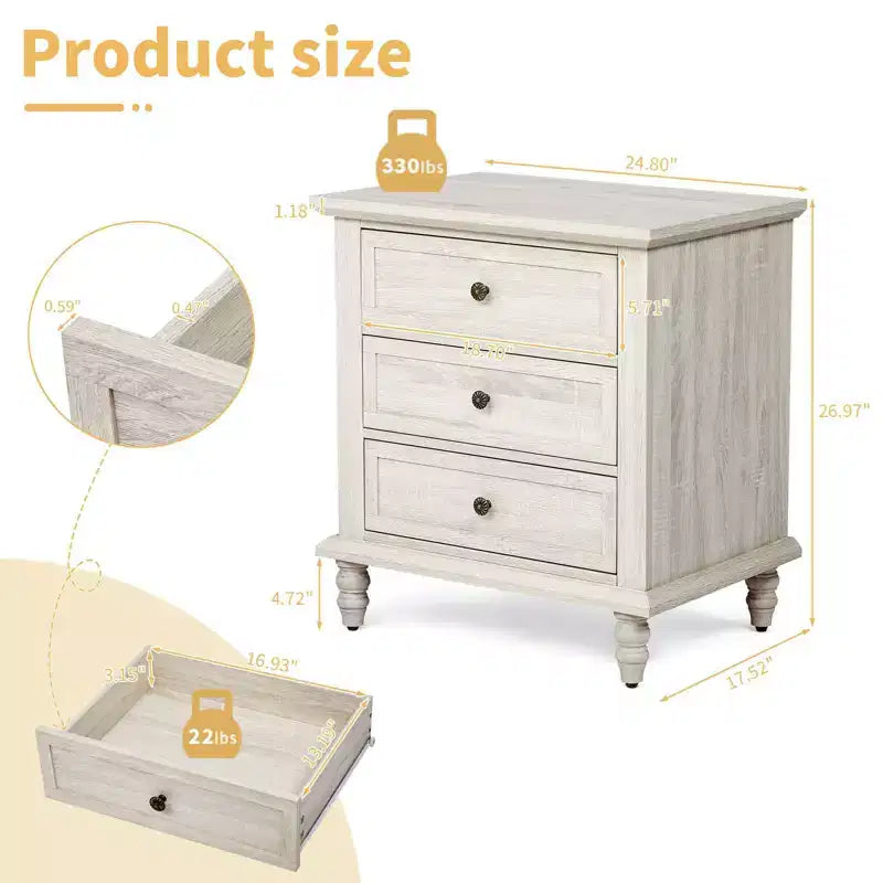Comodino a 3 cassetti bianco con gambe in legno retrò
