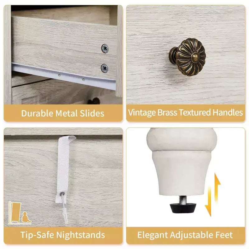 Comodino a 3 cassetti bianco con gambe in legno retrò