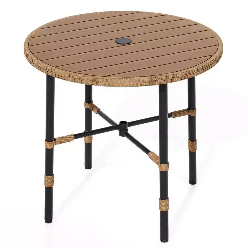 Tavolo da pranzo rotondo in rattan per esterni con foro per ombrellone