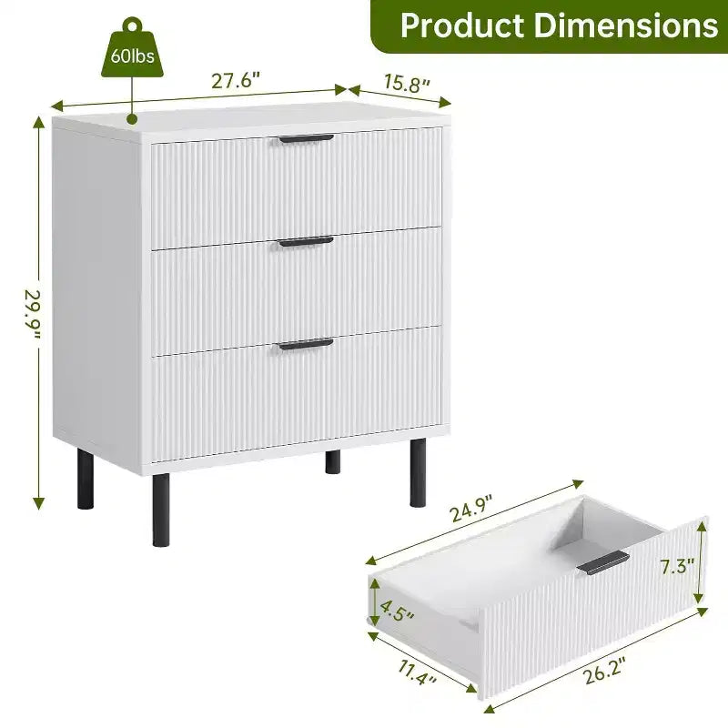 Cassettiera a 3 cassetti con gambe in metallo – Mobiletto bianco compatto per camera da letto, corridoio e piccoli spazi