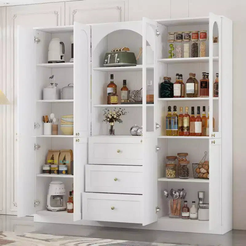 Dispensa da Cucina Bianca con Ante in Vetro ad Arco, Cassetti e Ripiani