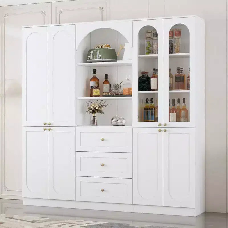 Dispensa da Cucina Bianca con Ante in Vetro ad Arco, Cassetti e Ripiani
