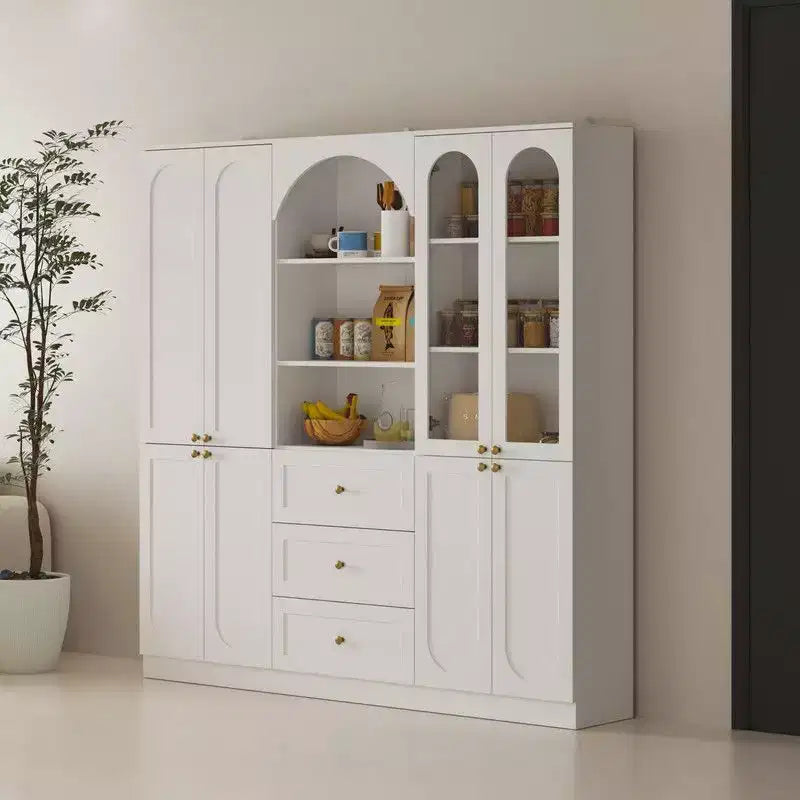 Dispensa da Cucina Bianca con Ante in Vetro ad Arco, Cassetti e Ripiani