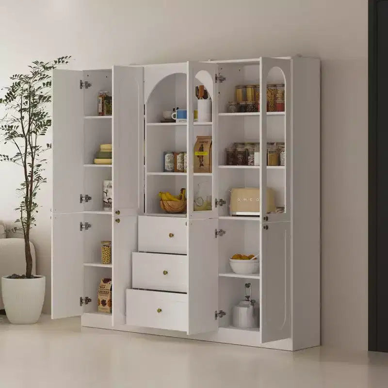 Dispensa da Cucina Bianca con Ante in Vetro ad Arco, Cassetti e Ripiani
