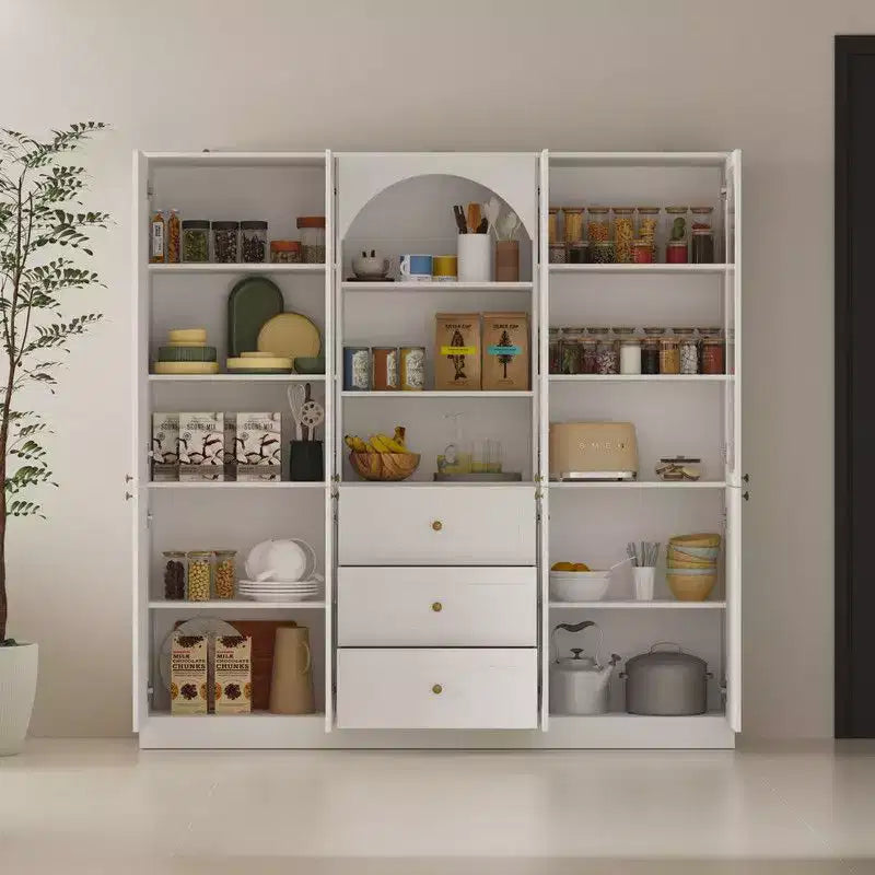 Dispensa da Cucina Bianca con Ante in Vetro ad Arco, Cassetti e Ripiani