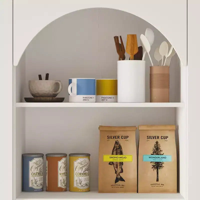 Dispensa da Cucina Bianca con Ante in Vetro ad Arco, Cassetti e Ripiani