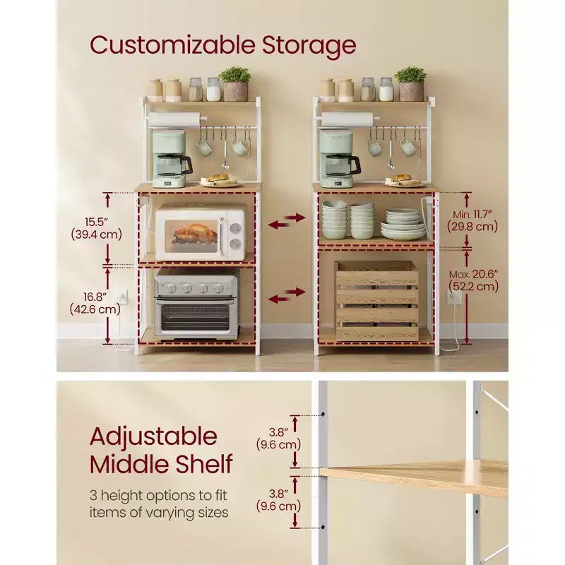Scaffale da cucina a 4 ripiani con presa di corrente integrata, ripiano regolabile e 8 ganci