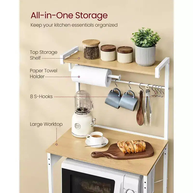 Scaffale da cucina a 4 ripiani con presa di corrente integrata, ripiano regolabile e 8 ganci