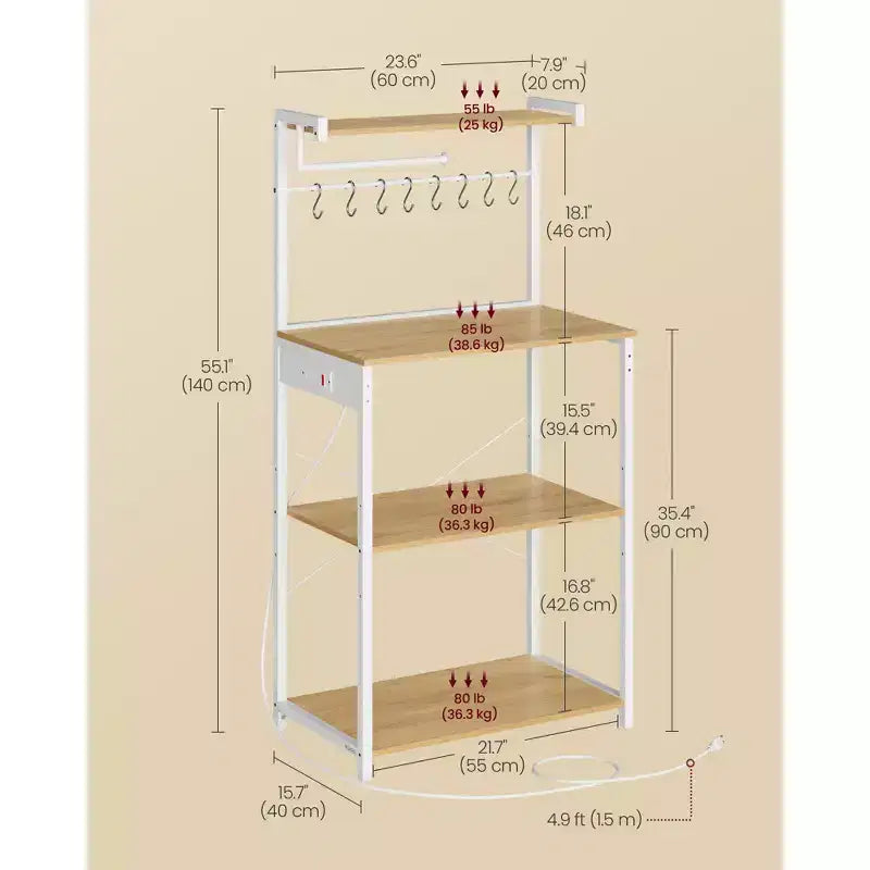 Scaffale da cucina a 4 ripiani con presa di corrente integrata, ripiano regolabile e 8 ganci
