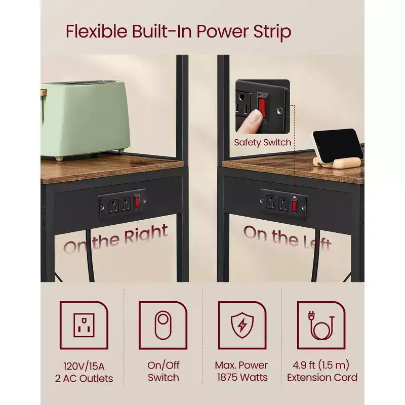 Scaffale da cucina a 4 ripiani con presa di corrente integrata, ripiano regolabile e 8 ganci