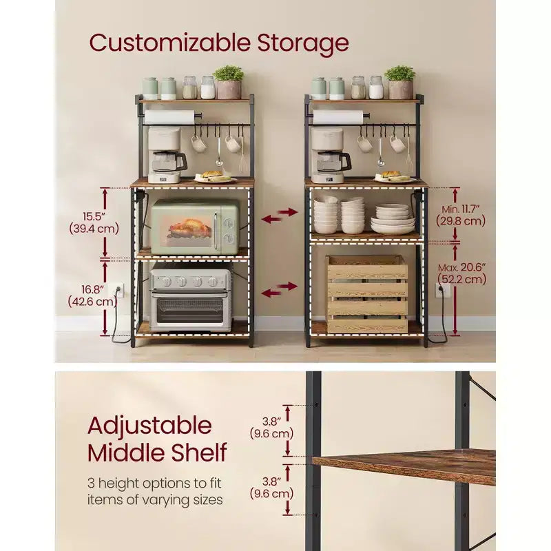 Scaffale da cucina a 4 ripiani con presa di corrente integrata, ripiano regolabile e 8 ganci