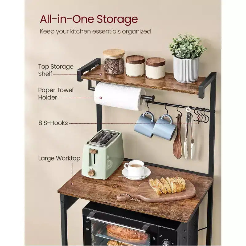 Scaffale da cucina a 4 ripiani con presa di corrente integrata, ripiano regolabile e 8 ganci