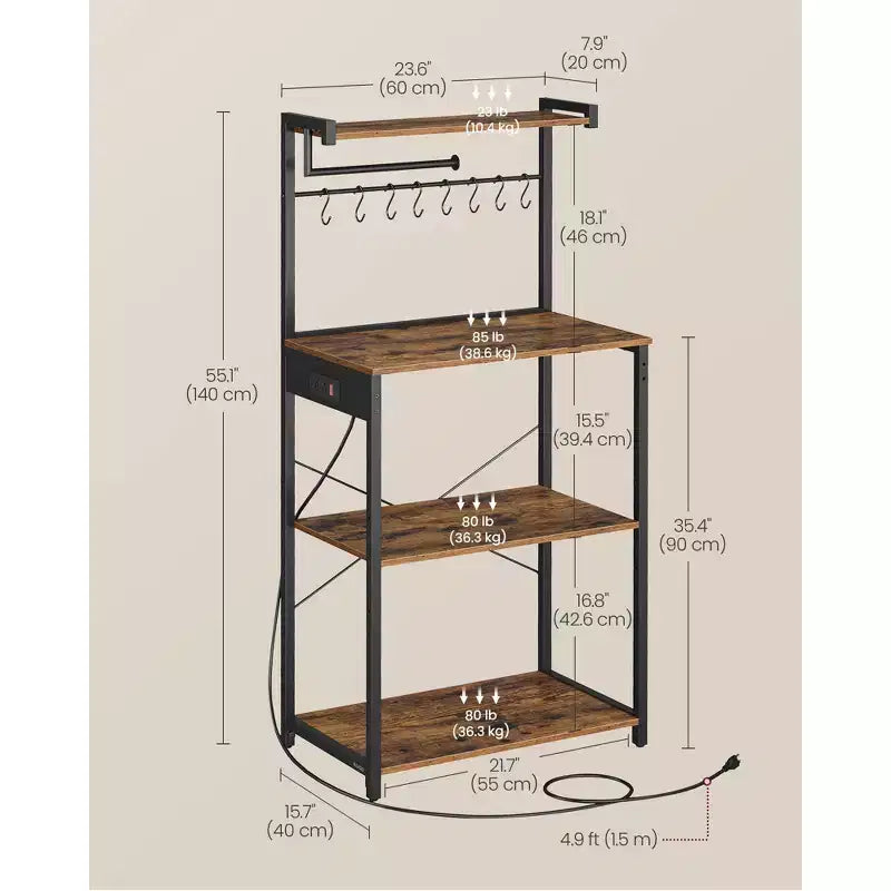 Scaffale da cucina a 4 ripiani con presa di corrente integrata, ripiano regolabile e 8 ganci
