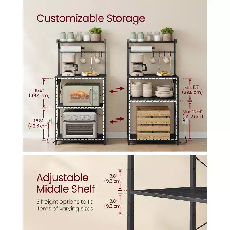 Scaffale da cucina a 4 ripiani con presa di corrente integrata, ripiano regolabile e 8 ganci