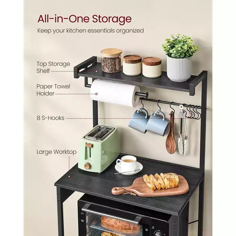 Scaffale da cucina a 4 ripiani con presa di corrente integrata, ripiano regolabile e 8 ganci