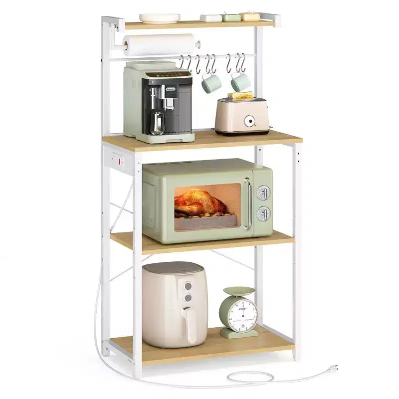 Scaffale da cucina a 4 ripiani con presa di corrente integrata, ripiano regolabile e 8 ganci