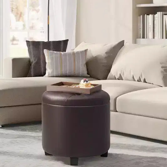 Poggiapiedi contenitore rotondo con scomparto nascosto – 45 cm, in ecopelle, marrone castagna