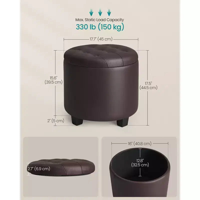 Poggiapiedi contenitore rotondo con scomparto nascosto – 45 cm, in ecopelle, marrone castagna