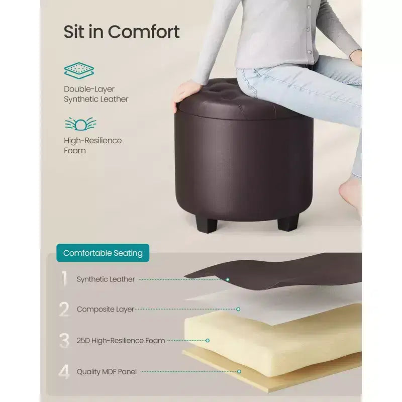 Poggiapiedi contenitore rotondo con scomparto nascosto – 45 cm, in ecopelle, marrone castagna