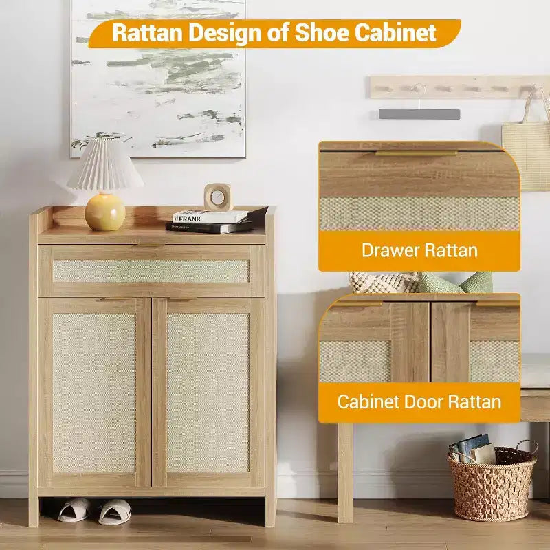 Set di 2 mobili scarpiera in rattan con ripiani regolabili e cassetto