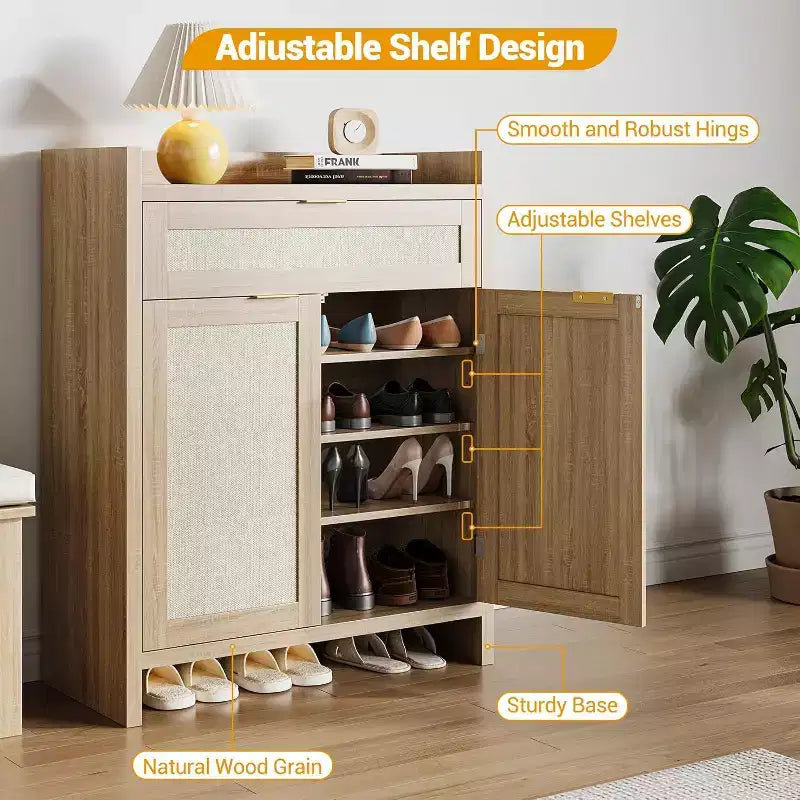 Set di 2 mobili scarpiera in rattan con ripiani regolabili e cassetto