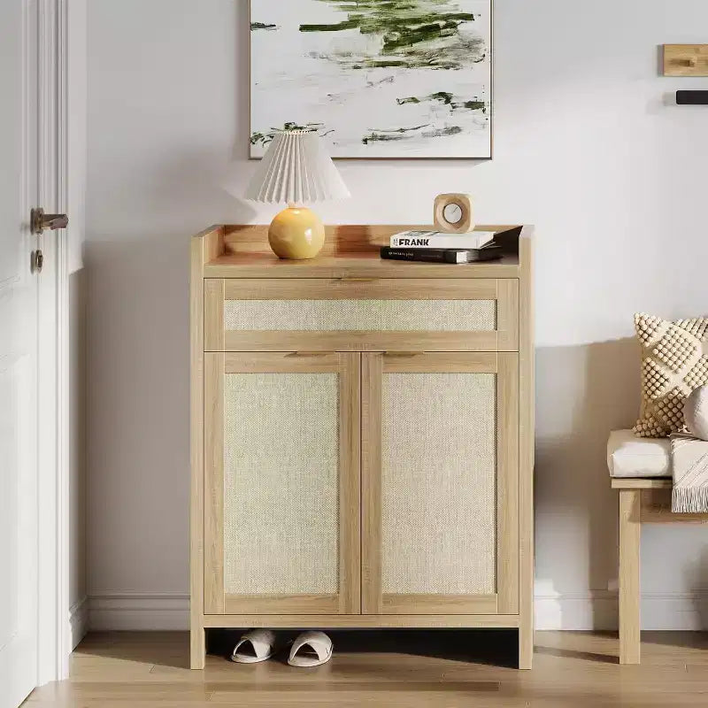 Set di 2 mobili scarpiera in rattan con ripiani regolabili e cassetto