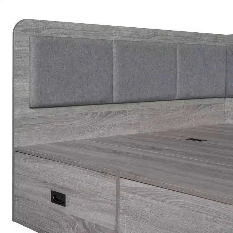 Divano Letto a L Matrimoniale con Contenitore, Schienale Imbottito, 3 Cassetti e Ripiani Aperti, Grigio