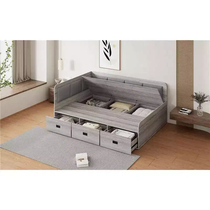 Divano Letto a L Matrimoniale con Contenitore, Schienale Imbottito, 3 Cassetti e Ripiani Aperti, Grigio