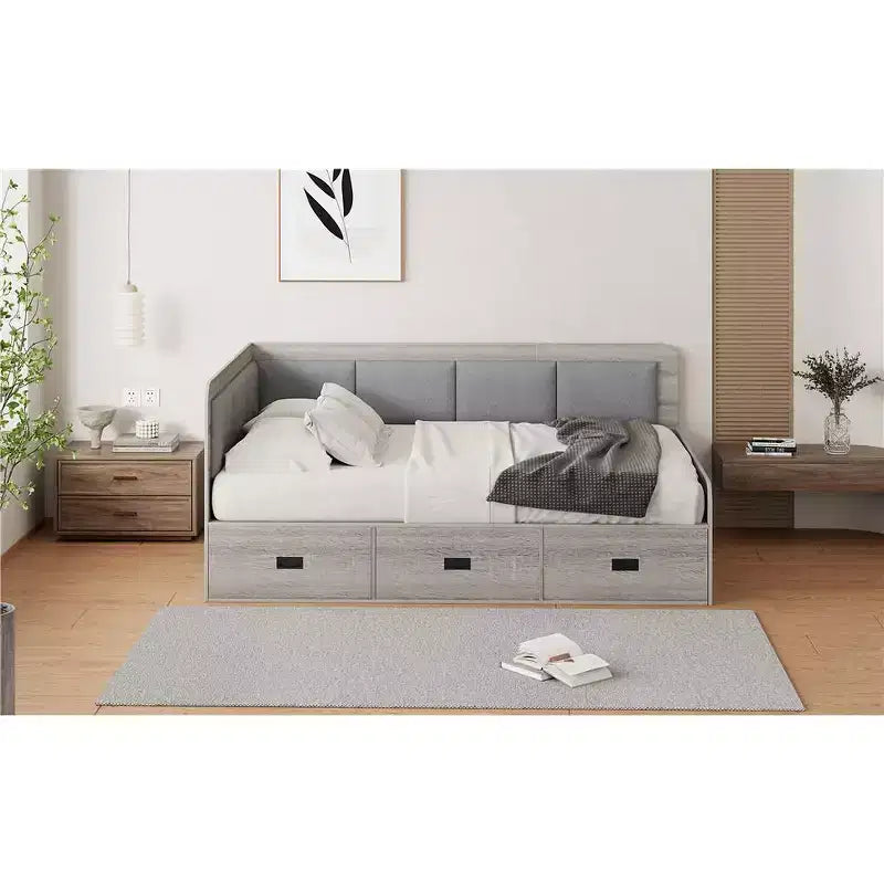 Divano Letto a L Matrimoniale con Contenitore, Schienale Imbottito, 3 Cassetti e Ripiani Aperti, Grigio