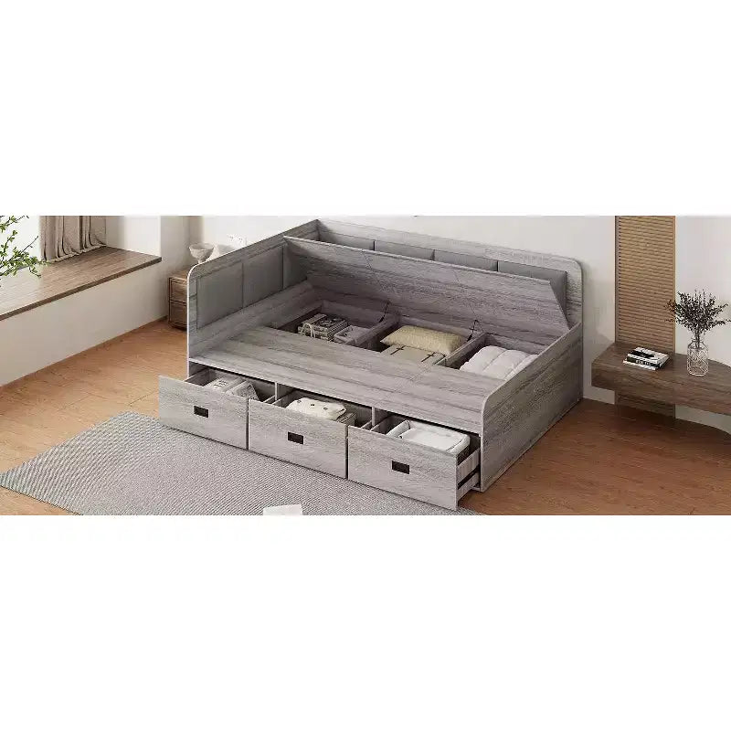 Divano Letto a L Matrimoniale con Contenitore, Schienale Imbottito, 3 Cassetti e Ripiani Aperti, Grigio