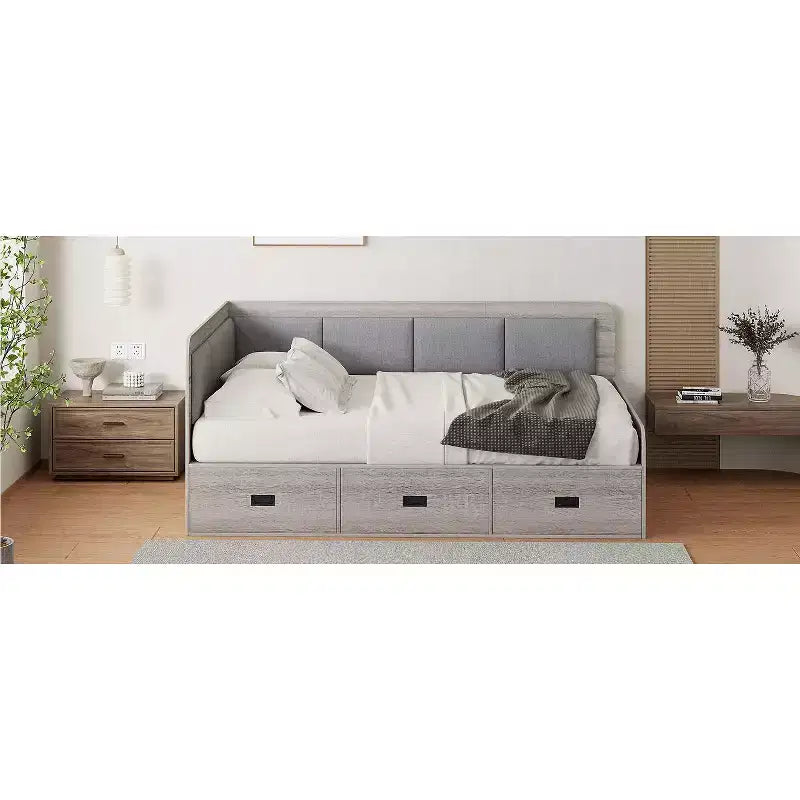 Divano Letto a L Matrimoniale con Contenitore, Schienale Imbottito, 3 Cassetti e Ripiani Aperti, Grigio