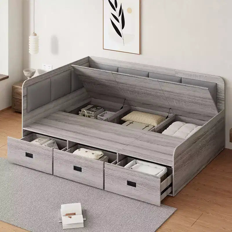 Divano Letto a L Matrimoniale con Contenitore, Schienale Imbottito, 3 Cassetti e Ripiani Aperti, Grigio