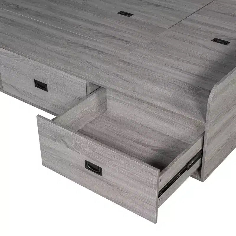 Divano Letto a L Matrimoniale con Contenitore, Schienale Imbottito, 3 Cassetti e Ripiani Aperti, Grigio