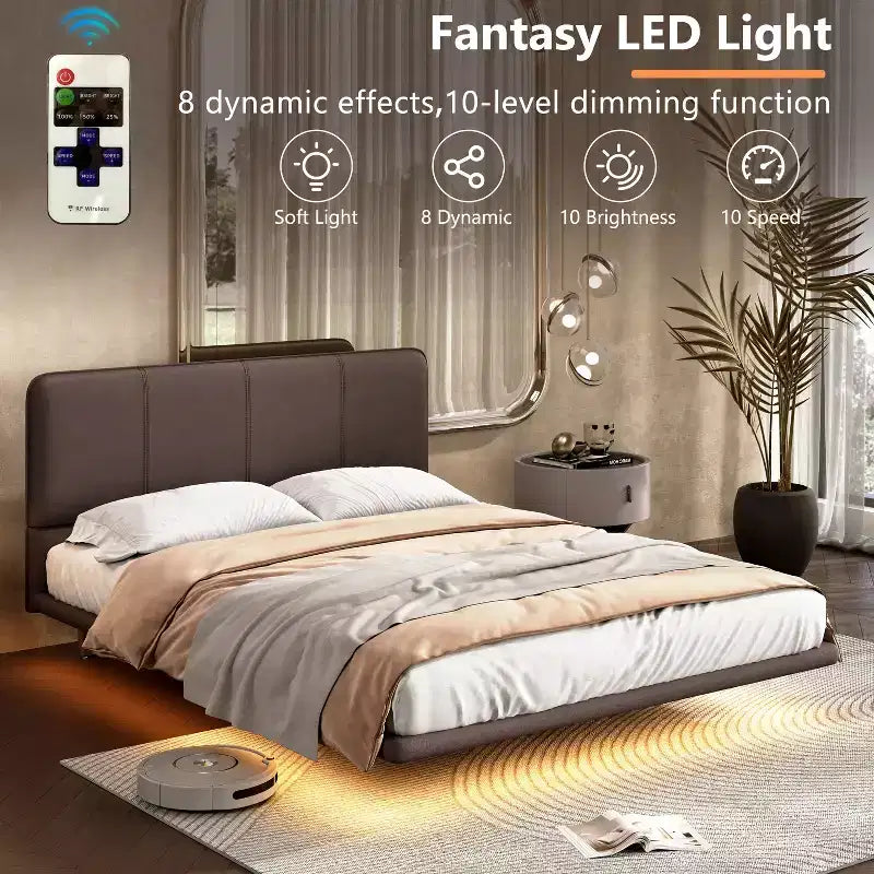 Base letto a piattaforma con illuminazione a LED - Matrimoniale/Queen, rivestimento in pelle PU