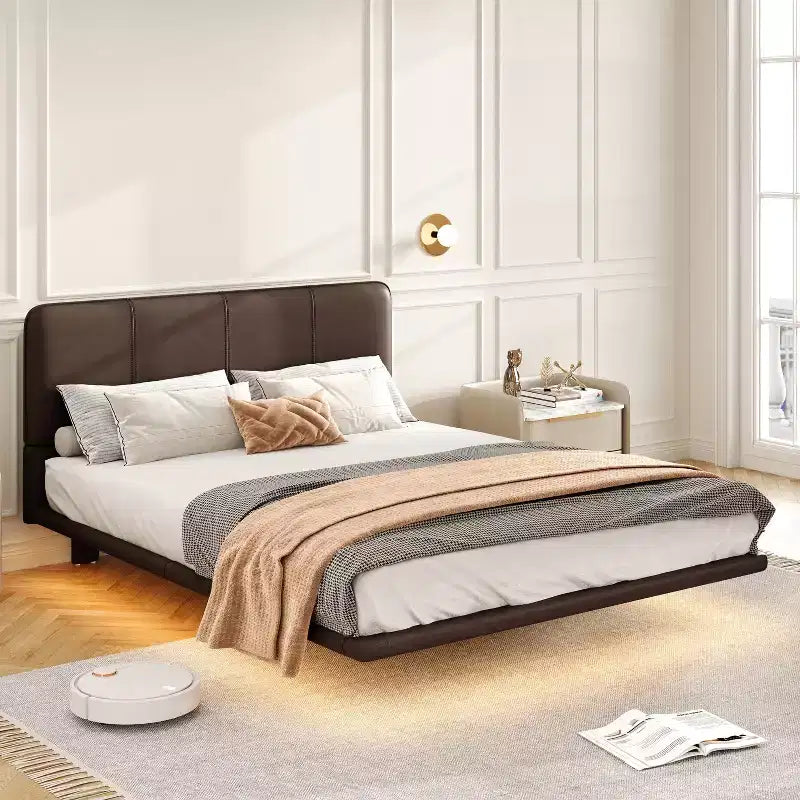 Full/Queen Size Platform Bed Frame PU Leather Floating Bed with LED Light - ModernLuxe