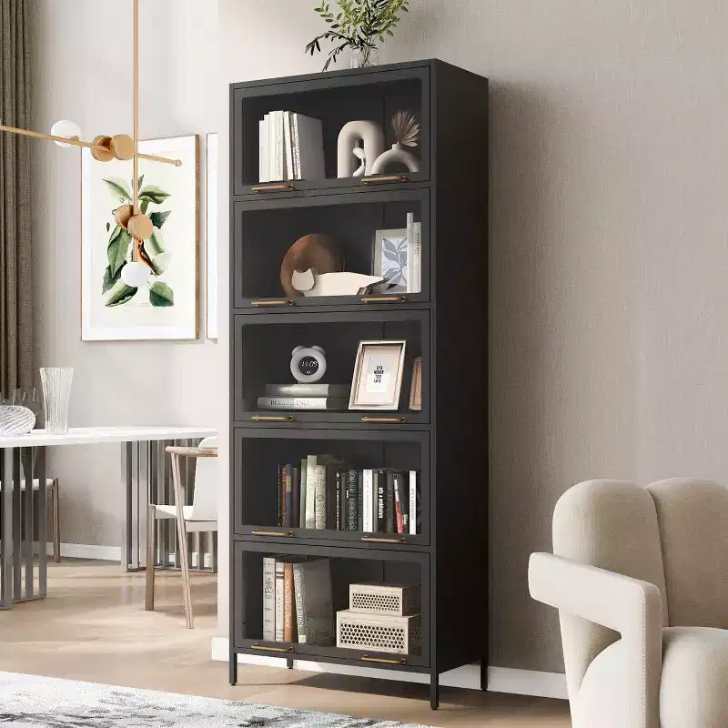 Okak Tall Storage Cabinet, Display Cabinet with 5 Glass Doors and 5 Shelves, Modern Style Curio Cabinet for Home Living Room Office
