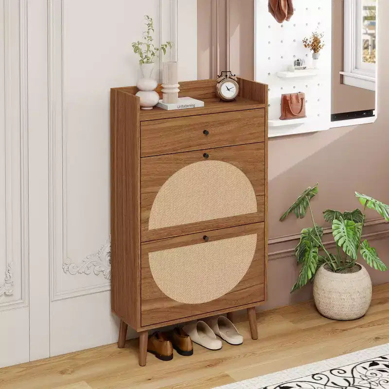 Scarpiera in rattan con 3 cassetti a ribalta