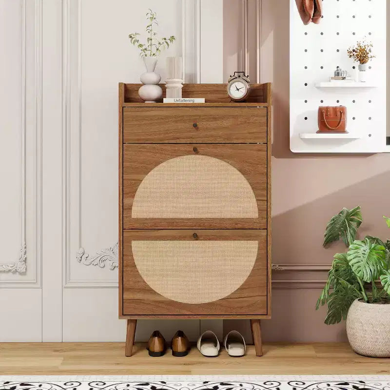 Okak Rattan Shoe Cabinet, Shoe Organizer 3 Panel Flip Drawers, Freestanding Shoe Rack for Entryway, Living Room, Hallway