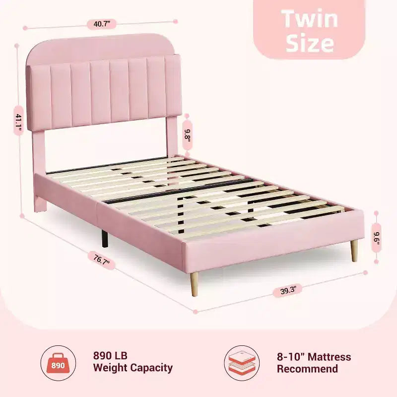 Letto singolo in velluto rosa con testiera a libreria