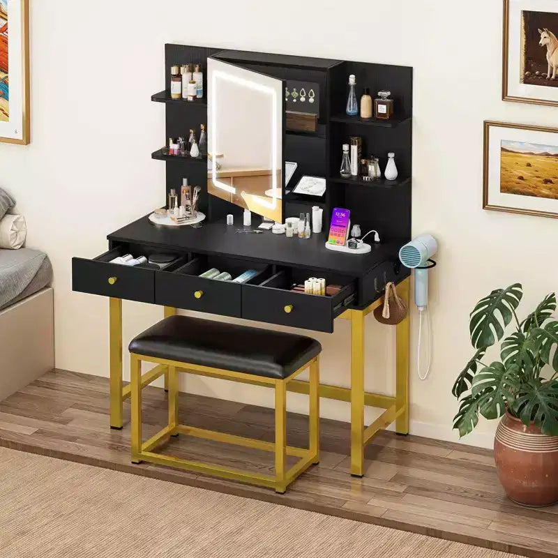 Vanity Makeup Dressing Table Desk w/ Open LED Mirror Hidden Storage & Outlets