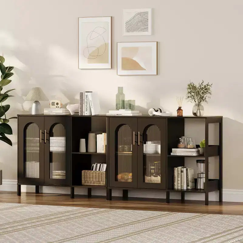 Credenza a Buffet da 40 Pollici con Ante in Vetro e Scaffale Aperto a 2 Livelli